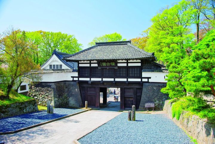 重要文化財の三の門のほか、園内各所に遺構が残る