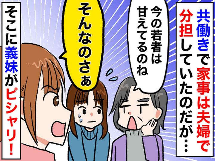 画像: 夫婦で家事分担できているのに！義母「今の若い嫁は甘えているわ」→ 義妹の『ナイスフォロー』に感謝
