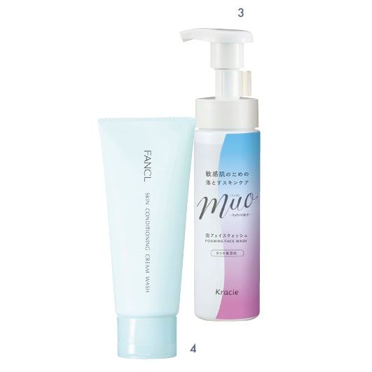 3_ミュオ 泡の洗顔料 200mL ￥770〈編集部調べ〉（クラシエ・３/14発売） 4_スキンコンディショニング洗顔 90g ￥1,595（ファンケル・3/18発売）