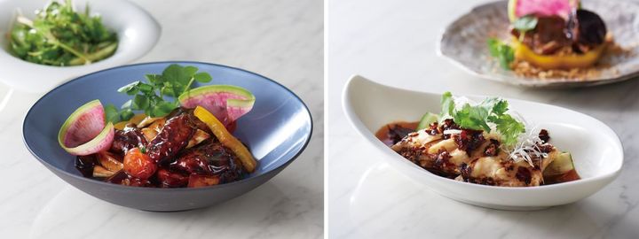 「LUCIS GARDEN LUNCH」2750円 ※写真は左が「三元豚の彩菜黒酢豚」、右が「よだれ鶏～熟成黒酢風味～」