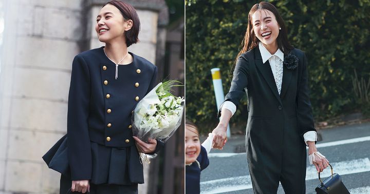 ネイビーにゴールドボタンのジャケットに短丈スカートとパンツを合わせたコーデとVネックのジャンプスーツにフリル付き白シャツをレイヤードしたコーデ