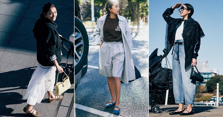 フリーストップスと白スカートにレオパード柄のストラップ靴のコーデと黒のロゴTにストライプのハーフパンツとコートを合わせてデニムのメリージェーンをはいたコーデとTシャツに薄色デニムの上下にブルゾンとレースカラーを羽織って足元にバレエシューズを合わせたコーデ