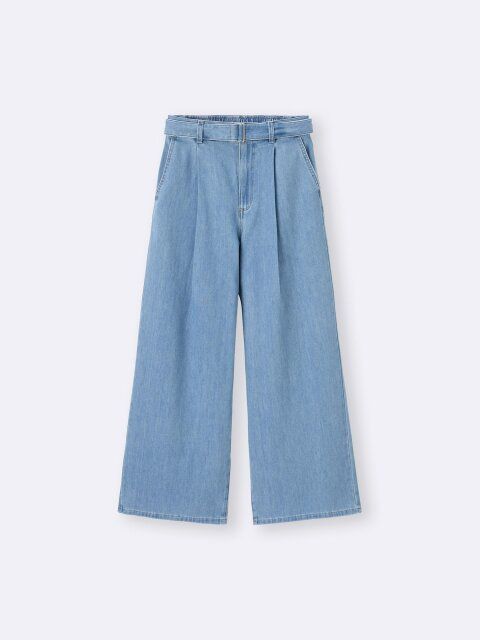 2025春guレディースセットアップライトデニムベルテッドワイドパンツ