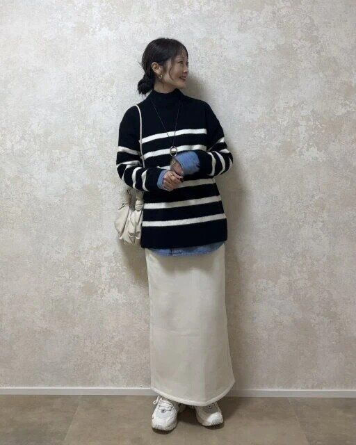 デニムシャツボーダーニットコーデ