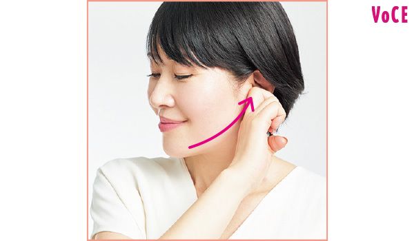 右手でチョキをつくって指を曲げ、あごの骨を挟み、左の耳下まで