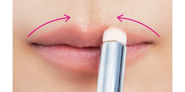 （1）の上側を（2）のブラシで口角と上唇の山を繋ぐラインにふっくらとのせる。