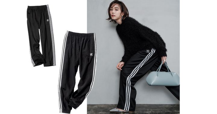 アディダスの3本ラインの入ったパンツ2種類と黒ニットにパンツを合わせた着こなし