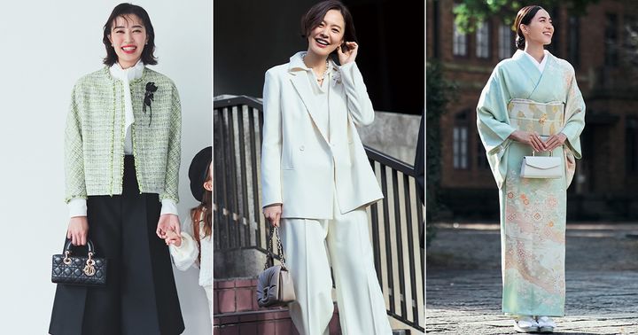 カラーツイードのジャケットに黒のハーフパンツを合わせたコーデと白のセットアップコーデと淡いグリーンの着物コーデ