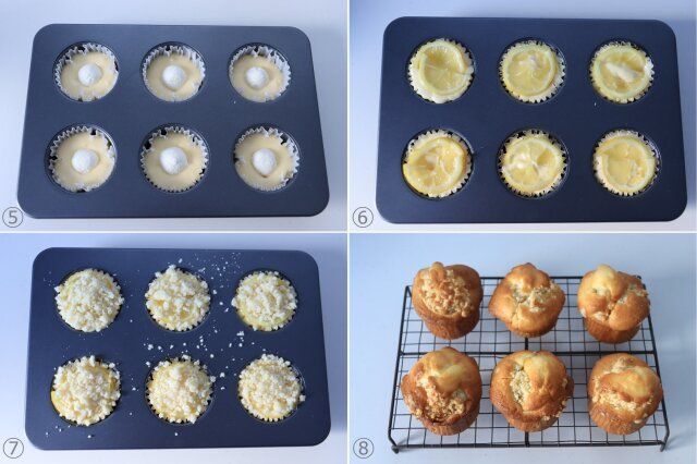 生地をマフィン型に入れ、レモンのシロップ漬けを乗せて焼く。