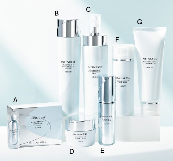 【A】アンフィネス ブライトニング チャージャー 【B】アンフィネス ブライトニング コンセントレート ローション 【C】アンフィネス ブライトニング コンセントレート ミルク 【D】アンフィネス ブライトニング ダーマ クリーム 【E】アンフィネス ブライトニング イノベーション 【F】アンフィネス フロートリリース ジェルウォッシュ 【G】アンフィネス メルトフォース V クレンジングオイル