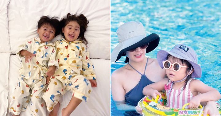 沖縄のホテルのベッドで寝転んでる子どもたちとプールで遊ぶママと子ども