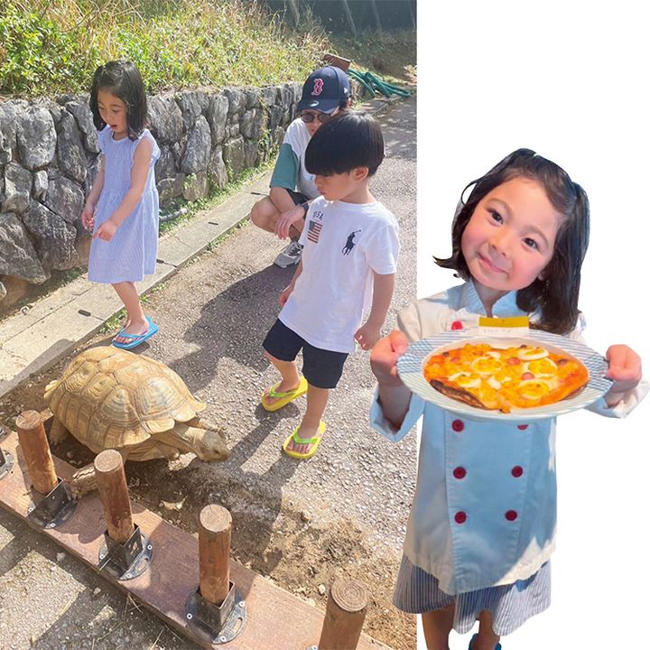 沖縄のホテルでウミガメと遊ぶ子どもたち