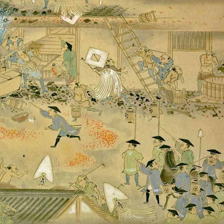 明和の大火と火付盗賊改方の様子、「目黒行人阪火事絵巻」（模写）