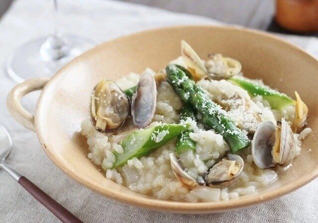 あさりと新玉ねぎとアスパラガスのリゾット