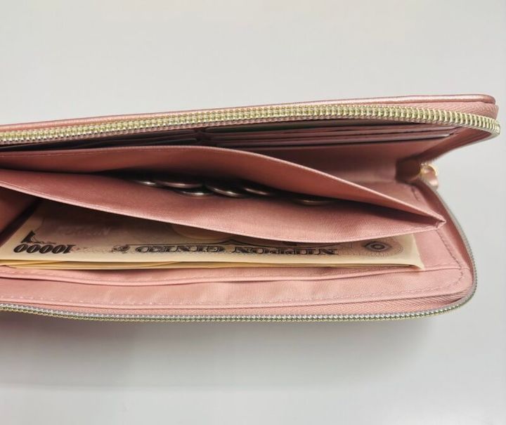 開運カラーの長財布のコイン収納はオープン型のポケット