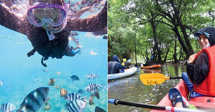 沖縄でシュノーケリングしている子どもと石垣島でカヤックしているママの写真