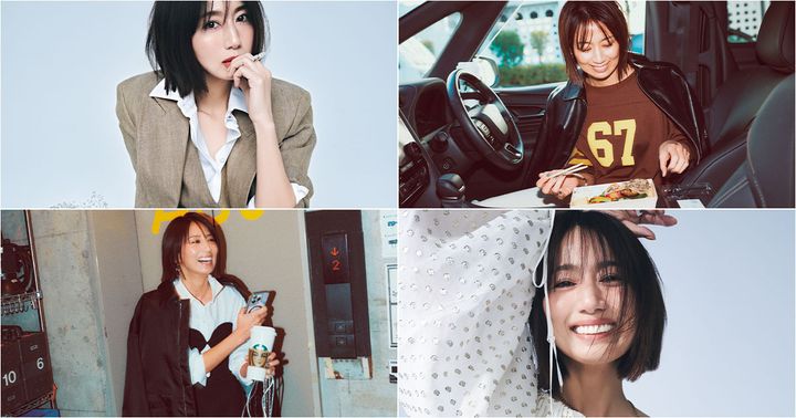 東原亜希さんの画像4点で白シャツにベージュのジャケットを重ねた着こなしとロゴTシャツにブルゾンを羽織って車の中でお弁当を食べる様子と白シャツに黒のビスチェとブルゾンをレイヤードした着こなしと白地にメタリックのドット模様のブラウスを着て微笑む様子