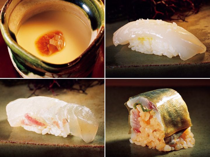 不動前『不動前 すし 岩澤』のまぐろ酒盗茶碗蒸し、アジ棒鮨、ヒラメの昆布締めetc