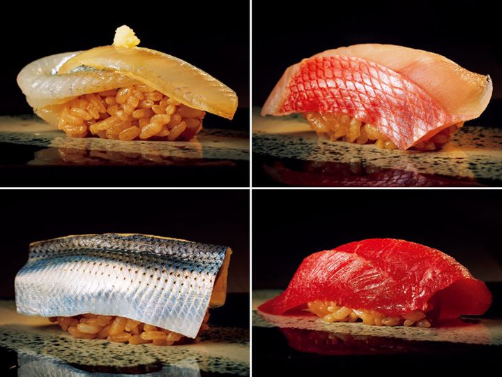 西荻窪『鮨 まるふく』のサヨリ、キンメダイ、本まぐろ赤身、コハダの握り