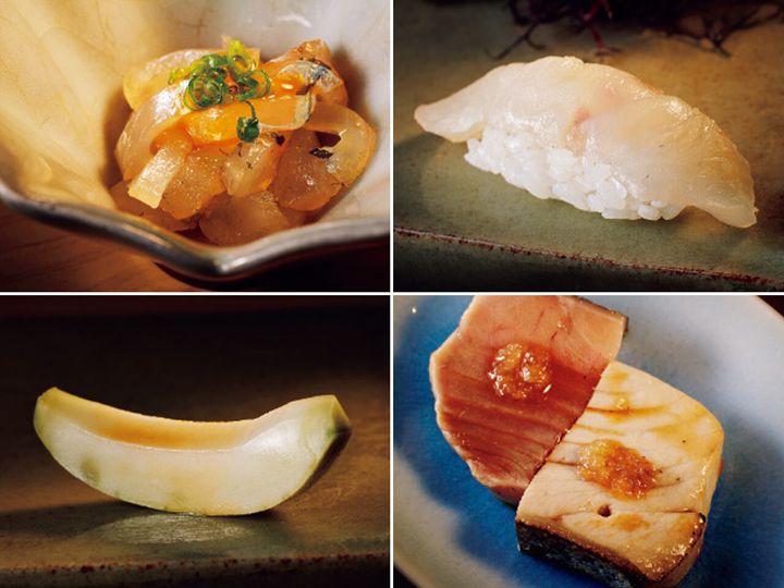 不動前『不動前 すし 岩澤』のつまみ２品、握り１貫、漬物１品