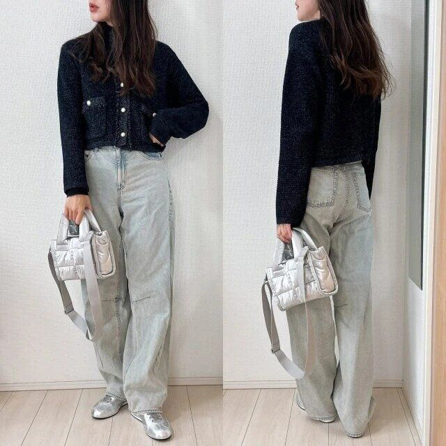 2025春レディースネイビーニットジャケット大人コーデ