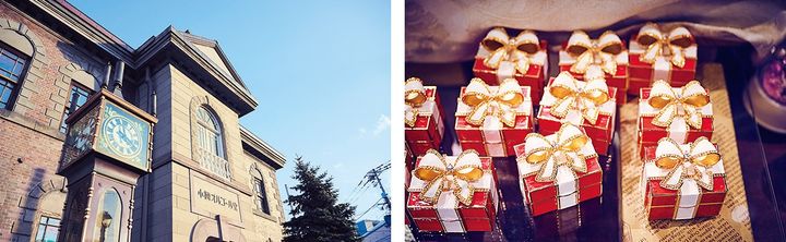 小樽オルゴール堂 本館から入り口横の蒸気時計とプレゼントBOXオルゴール