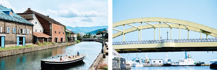 左・この景色は中央橋付近から撮影。右・船上からはアーチが印象的な旭橋が。小樽運河と港をつないでいる。