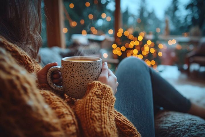 ホットコーヒーを手に取る女性