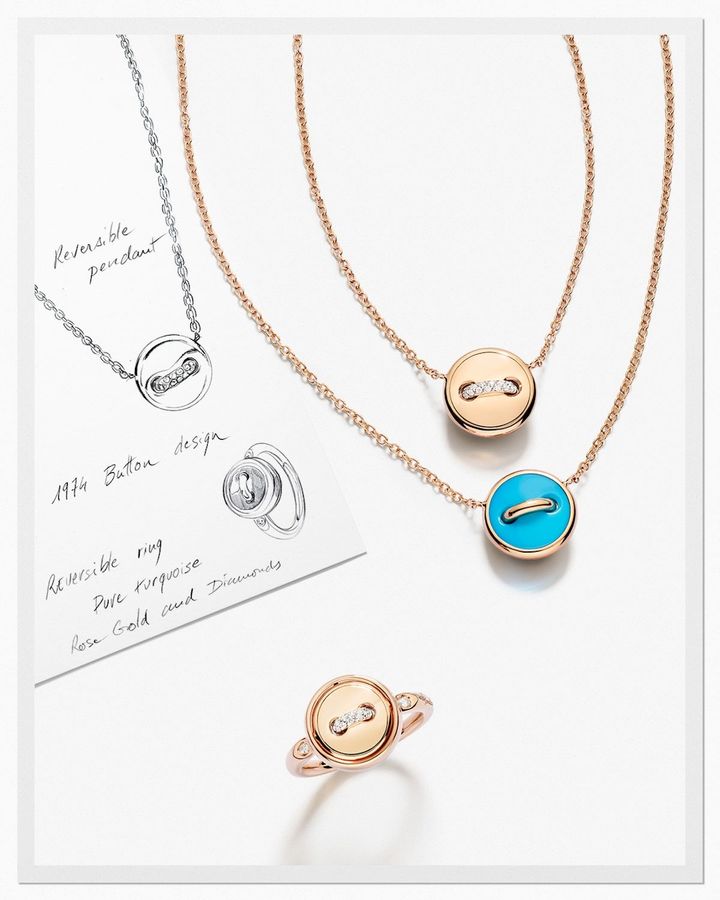 上「ポムポムドット」リバーシブルペンダント（RG×ターコイズ×ダイヤモンド）￥572,000 下 リバーシブルリング（RG×ターコイズ×ダイヤモンド）￥759,000