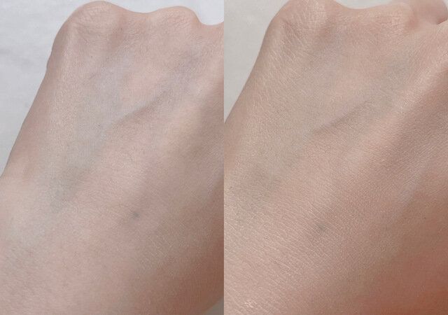 左側が下地のみ 右側が下地とファンデーションを塗った状態