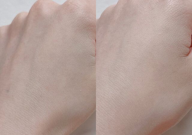 左側が下地のみ 右側が下地とファンデーションを塗った状態