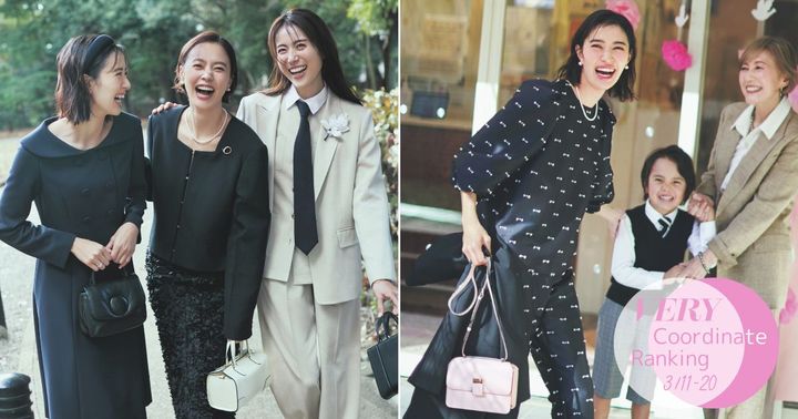 ネイビーワンピースにハンドバッグを持った岡本あずささんと黒のジャケットとスカートにパールジュエリーを合わせた浅見れいなさんとスリーピースのパンツスーツにネクタイとコサージュを合わせた笹川友里さんとハリのある素材にリボンツイードの刺繍が入ったセットアップを着た岡本あずささん