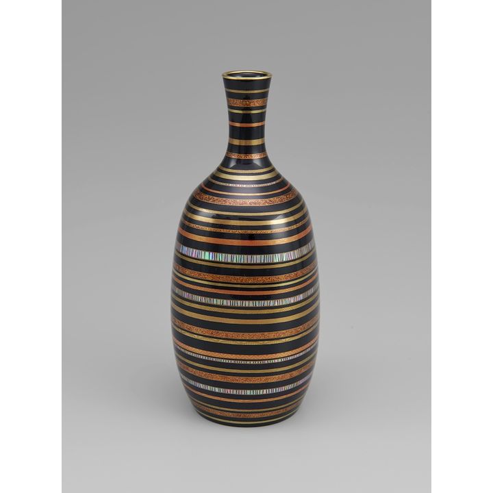 【漆芸】室瀬和美 金胎蒔絵螺鈿縞文花器（径10.3×高さ23㎝）