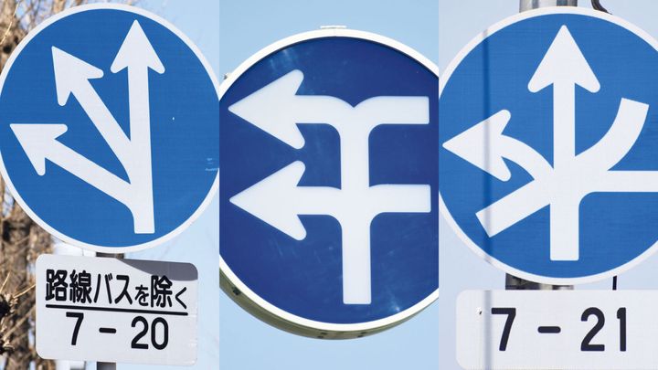 シャキッと矢印の道路標識、植物みたいな矢印の道路標識、くねくね矢印の道路標識