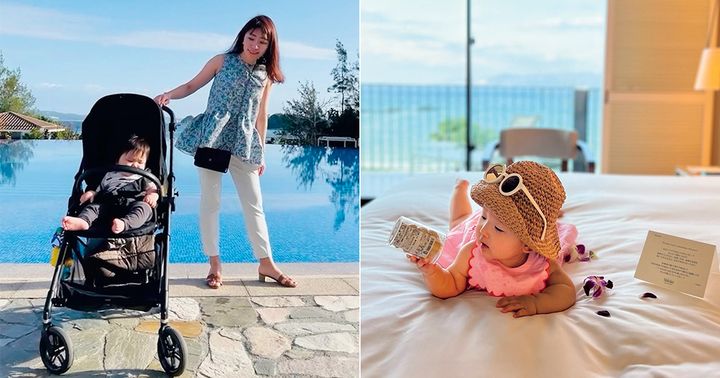 沖縄のハレクラニで撮影したベビーカーに座る子どもとママの写真とベッドで遊ぶ子どもの写真