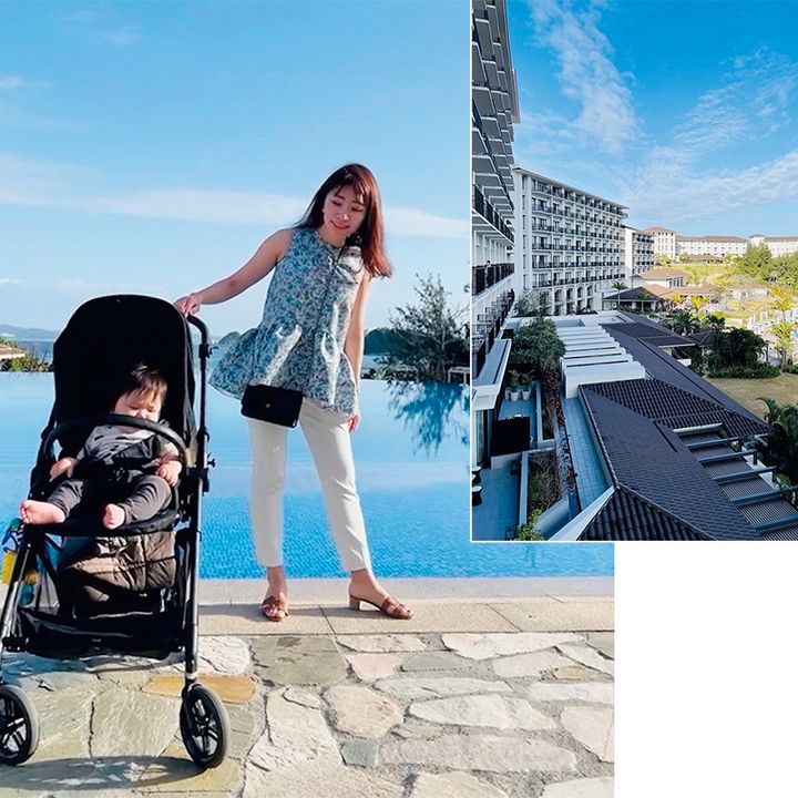 沖縄のハレクラニの外観と敷地内で撮影したベビーカーに座る子どもとママの写真