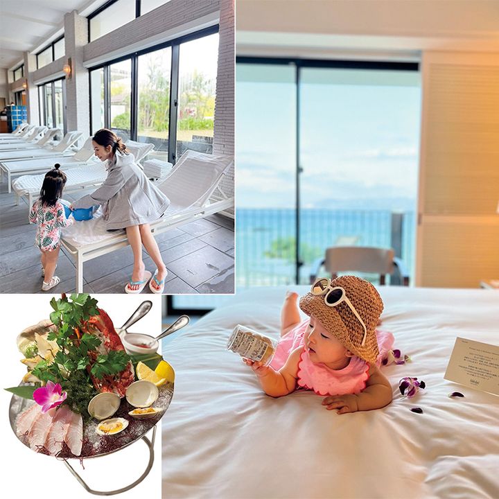 沖縄のハレクラニのプールサイドで遊ぶママと子どもとベッドの上で遊ぶ子どもとシーフードの写真