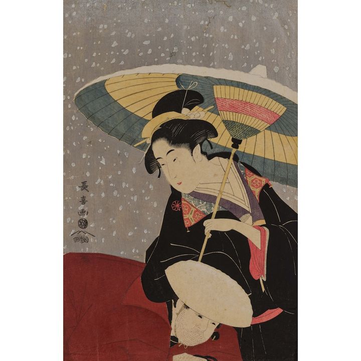 「四季美人 雪中美人と下男」栄松斎長喜