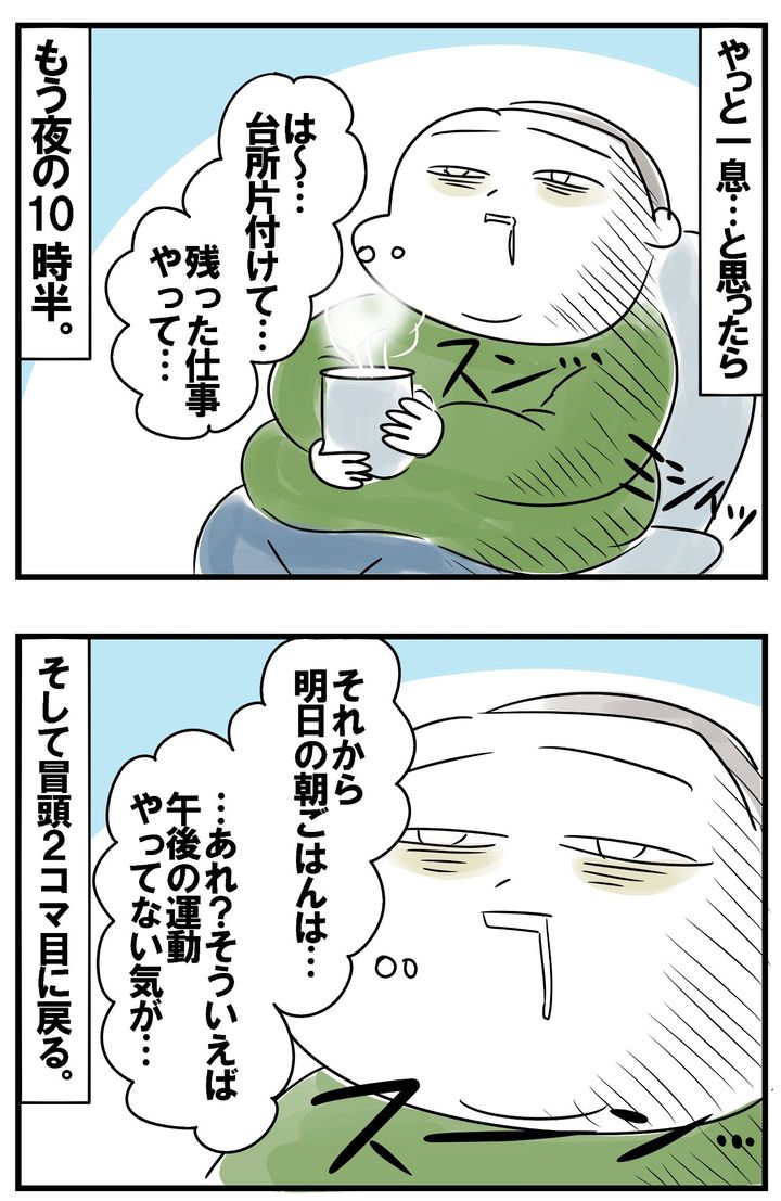 やっと一息と思ったら…、もう夜の10時半！ そして冒頭2コマ目に戻る…！