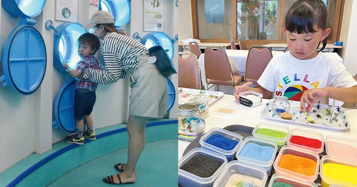 沖縄のブセナ海中公園の海中展望塔でのママと子どもの写真とANAインターコンチネンタル石垣でジェルキャンドル作りをする女の子