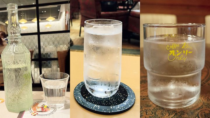 マトリョーシカ上野店のお冷や、カフェラウンジ「パンドラ」のお冷や、お休み処オンリーのお冷や