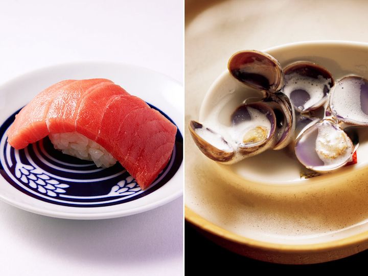 新橋『名飯部類』の「しじみカプチーノ」、「中トロ」