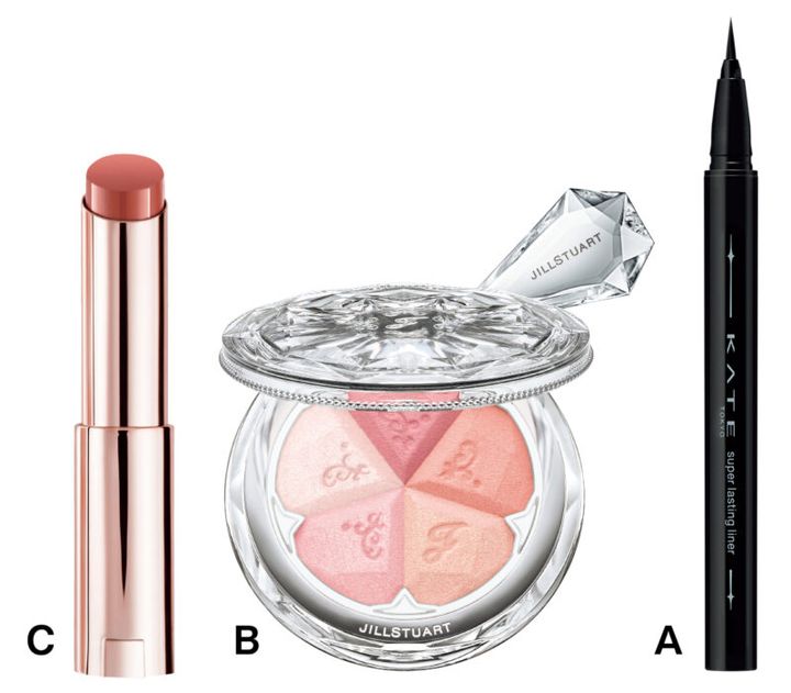 A_ケイト スーパーラスティングライナー BK-1（カネボウ化粧品) B_ブルーム ミックスブラッシュ コンパクト 30（ジルスチュアート ビューティ） C_イドル リップ バターグロウ 21（ランコム）