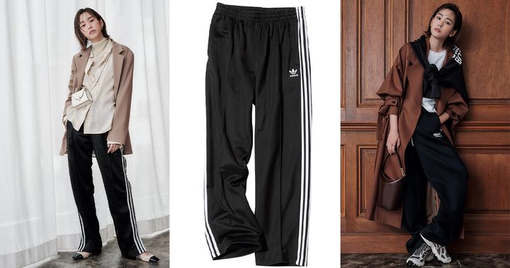 ベージュのシャツとジャケットにアディダスの3本ラインパンツを穿いた桐谷美玲さんと白Tシャツとトラックパンツにブラウンのアウターを合わせた桐谷美玲さんとアディダスの3本ラインパンツ