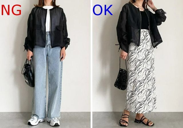 黒シアーショートブルゾンNG＆OKコーデ