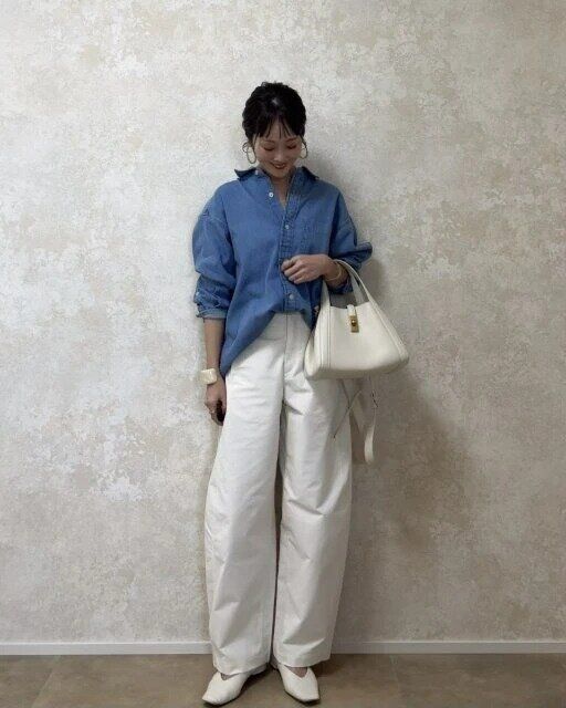 ユニクロジャージーバレルレッグパンツコーデデニムシャツ