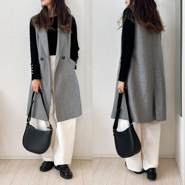 ユニクロジャージーバレルレッグパンツコーデロングジレ