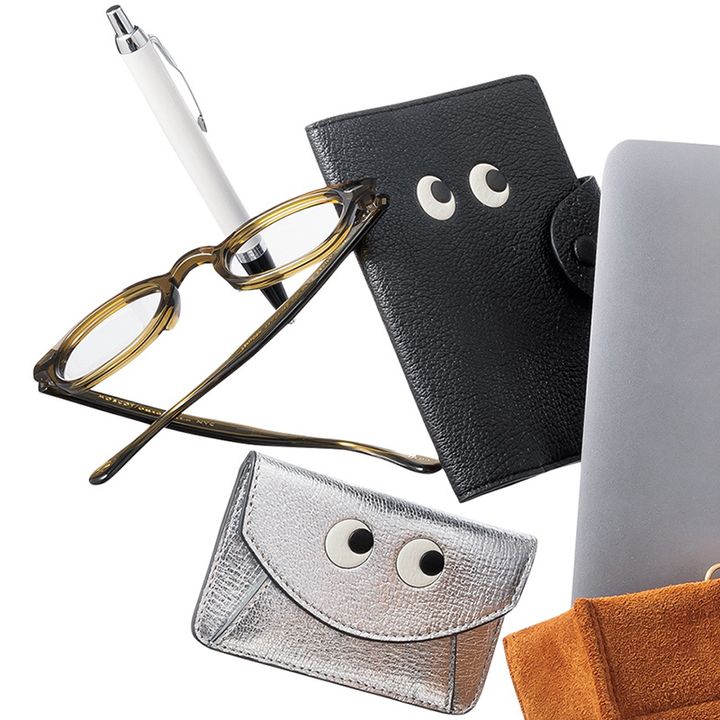 アニヤハインドマーチのパスポートケースやカードケースとメガネとペン