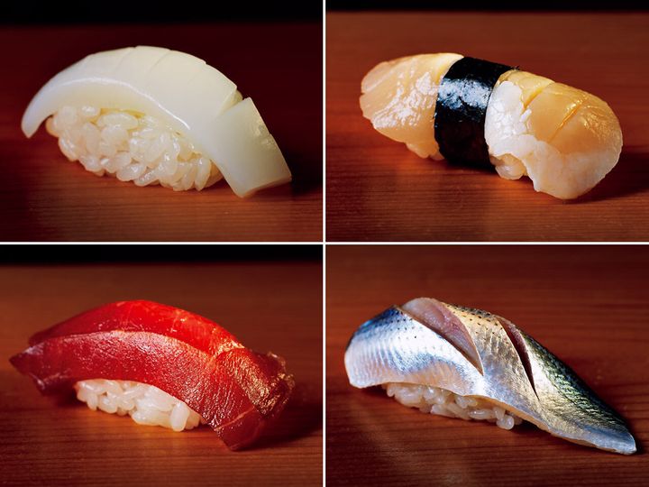 銀座『銀座 鮨 み富』のスミイカ、タイラギ、コハダ、赤身の漬け