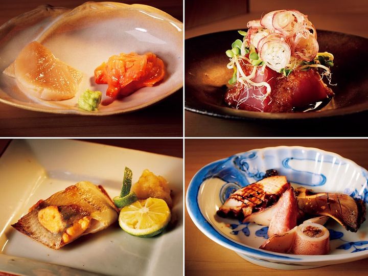 銀座『鮨 杉澤』の刺身（赤貝とタイラギ）、季節物（カツオの玉ねぎ醤油）、煮物（子持ちヤリイ）、蒸しアワビ、タコ、焼物（ヤナギガレイの一夜干し）